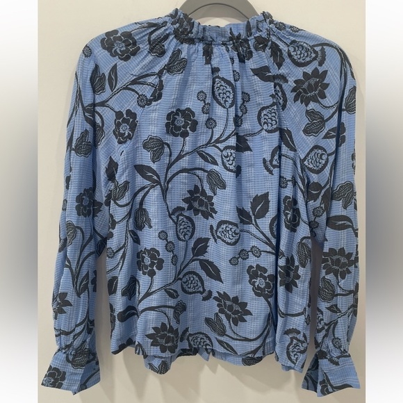 LOFT Petite Garden Ruffle Neck Shirt Dimensions in photos blue black white - Picture 5 of 8